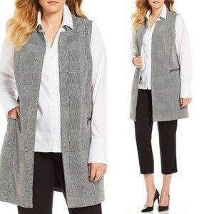 Calvin Klein Plus Size 22W Glen Plaid Long Blazer Vest Black White Pockets Lined